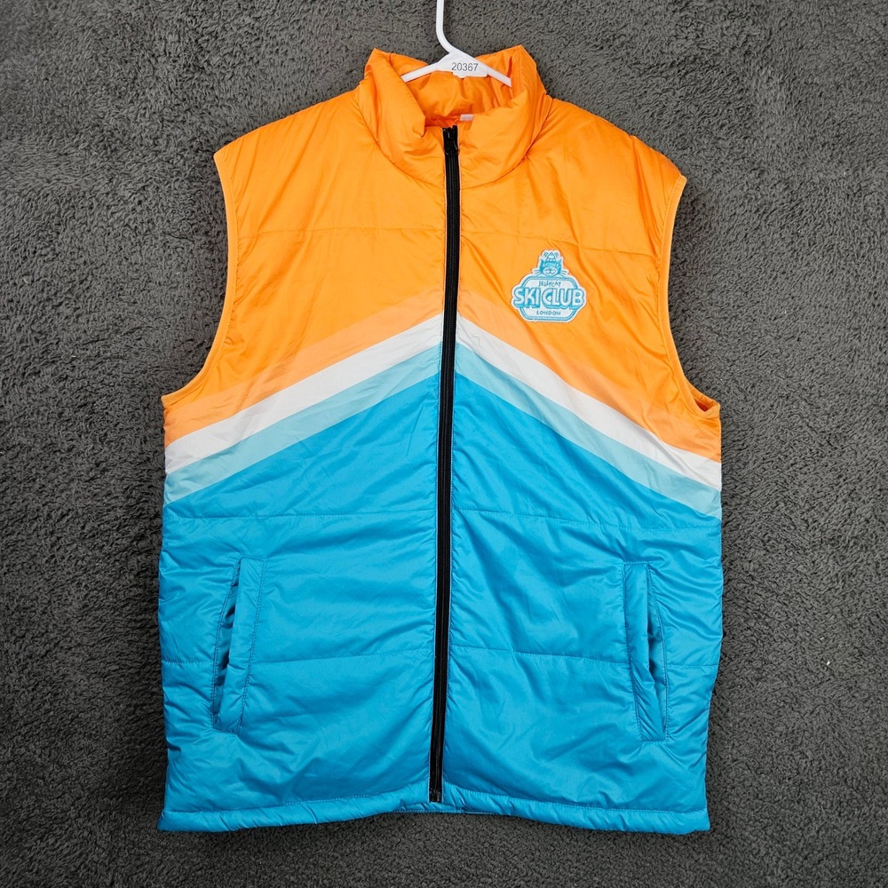 Jellycat Ski Club London Puffer Vest Mens Large Orange Blue Chevron Crew‎